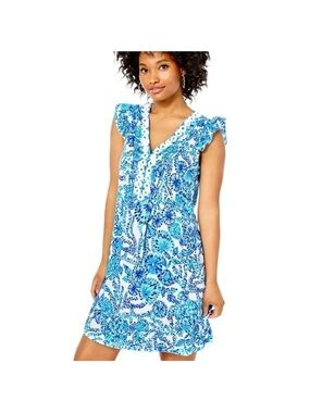 Lilly Pulitzer Joan Tunic Dress Blue Floral Sleeveless Resort Vacation Size XS
